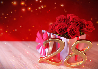 birthday concept with red roses in the gift on wooden desk. twenty-eighth. 28th. 3D render