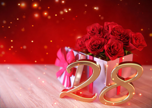birthday concept with red roses in the gift on wooden desk. twenty-eighth. 28th. 3D render