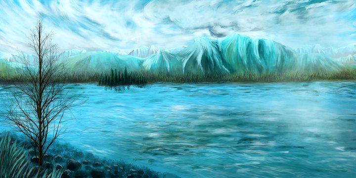 Cold and fresh nature illustration of a waterscape in front of a mountain range