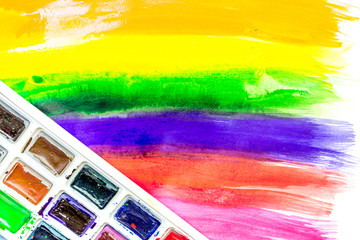 Color oil painting texture with paint pallete for bright background