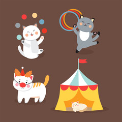 Circus cats vector cheerful illustration for kids with little domestic cartoon animals playing mammal
