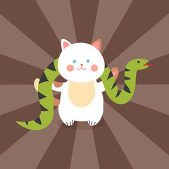 Circus cat vector cheerful illustration for kids with little domestic cartoon animals playing mammal