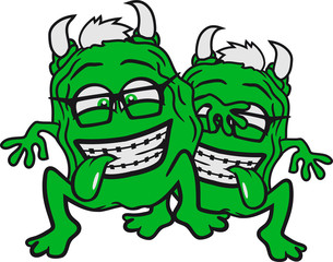 2 freunde team paar nerd geek schlau hornbrille zahnspange lustig frech freak schleimig ekelig schleim glibber monster klein frech böse horror comic cartoon