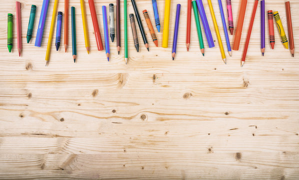 School supplies on wooden background