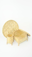 Multi purpose of weaving craft made of pine on white background.