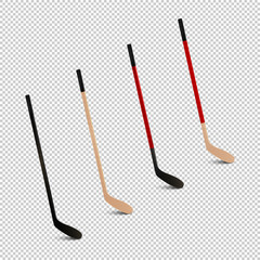 Illustration of sports realistic icon set - ice hockey sticks. Design templates in vector. Closeup isolated on transparent background. - obrazy, fototapety, plakaty