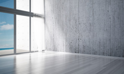 Obraz premium 3D rendering interior design of empty concrete wall room and sea view