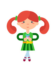 Funny little girl with gift box icon. Child birthday event, cute baby kid character isolated vector illustration in flat design.