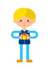 Little boy with gift box icon. Child birthday event, cute baby kid character isolated vector illustration in flat design.
