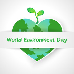 World Environment Day. Concept love the world. sapling on map heart green.