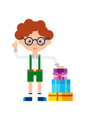 Cute little boy with stack of gift boxes icon. Child birthday event, cute baby kid character isolated vector illustration in flat design.