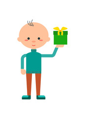 Funny little boy with gift box icon. Child birthday event, cute baby kid character isolated vector illustration in flat design.