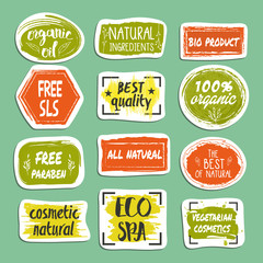 Natural cosmetics hand drawn labels set vector illustration. Organic oil, natural beauty, healthy lifestyle, eco spa, bio product, best quality, care ingredient , free sls, vegetarian cosmetics.