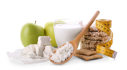 Different dairy products on white background
