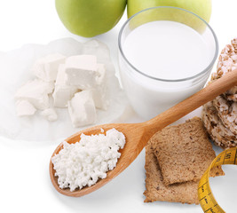 Different dairy products on white background