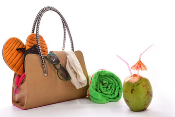 beach accessories on white background