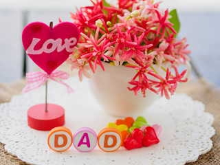 Father's day concept.  LOVE DAD alphabet with colorful heart and flower on background