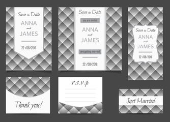 Beautiful wedding set of printed materials with a abstractl design. Wedding invitation card, save the date cards, R.S.V.P. and thank you card.