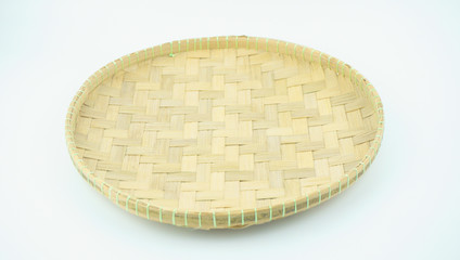 Weaving craft tray made of pine on white background.