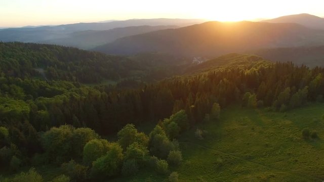 Beautiful aerial view of forest in mountains on sunset
