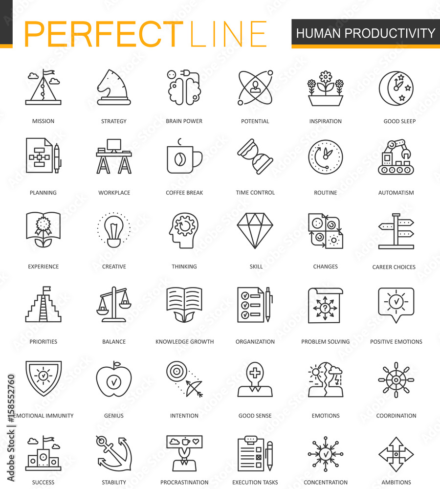 Poster human productivity thin line web icons set. task concentration outline stroke icons design.