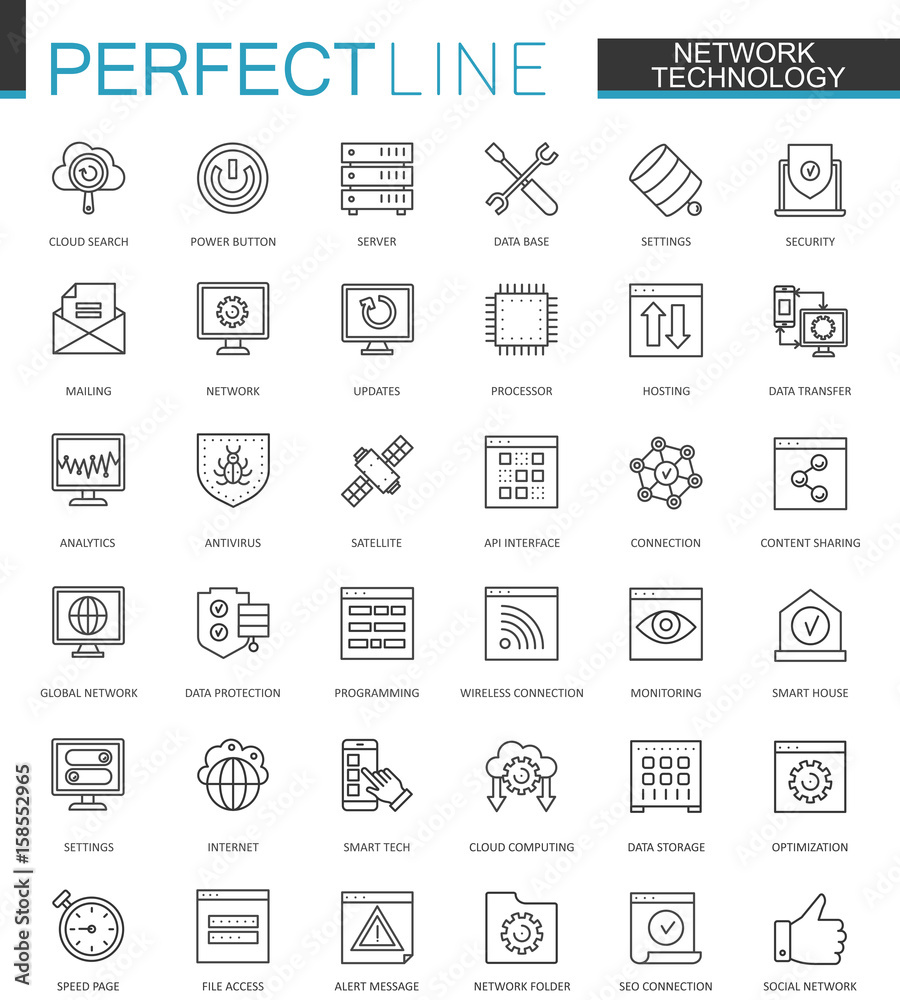 Poster Network technology thin line web icons set. Big data outline stroke icons design.