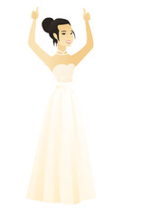 Fototapeta na wymiar Young asian fiancee in white dress giving thumb up. Full length of smiling fiancee with thumb up. Cheerful fiancee showing thumb up. Vector flat design illustration isolated on white background.