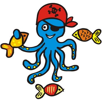 Funny octopus and fish, vector illustration