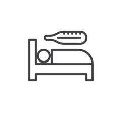 Bed and thermometer line icon, outline vector sign, linear style pictogram isolated on white. Being sick symbol, logo illustration. Editable stroke. Pixel perfect