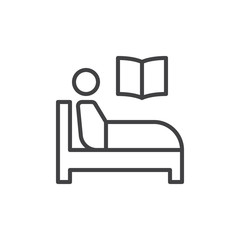 Reading book in bed line icon, outline vector sign, linear style pictogram isolated on white. Symbol, logo illustration. Editable stroke. Pixel perfect