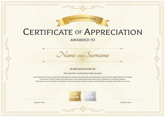 Certificate of appreciation template with gold award ribbon on abstract guilloche background with vintage border style