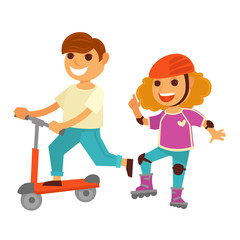 Happy children girl and boy skating roller scooter playing outdoor vector games