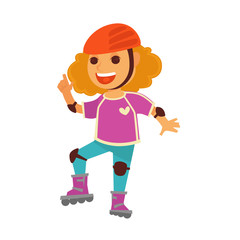 Happy children girl skating on roller skates playing outdoor vector games