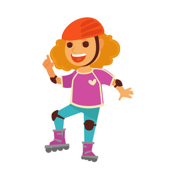 Happy children girl skating on roller skates playing outdoor vector games