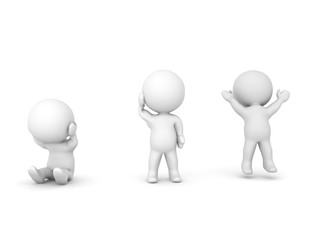3D Illustration of a depressed character, one confused and a cheerful one