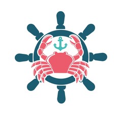 Seafood menu emblem with red crab and steering wheel