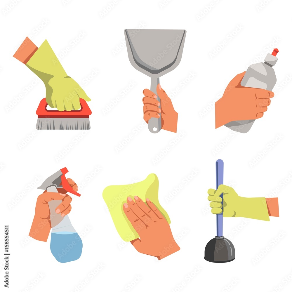 Wall mural hands hold different tools for cleaning illustrations set