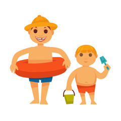 Boy in lifebuoy and brother with bucket on white