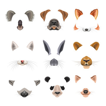 Video chat effects animal faces flat icons templates of dog, rabbit, cat