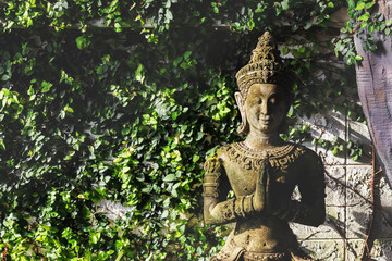 The sunlight through the buddha statue with leaves background. soft-focus and over light. dark tone