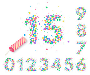 Colorful confetti in the form of numbers with a party popper for design of anniversary posters and greeting card. Holiday decorations for banners and flyers. Isolated from the background.