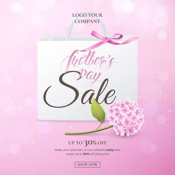 Vector sale poster for discounts offers of Mother's day with hydrangea, paper shopping bag, bow on the pink background. Holiday template with flower for design of flyer and banner with effect bokeh.