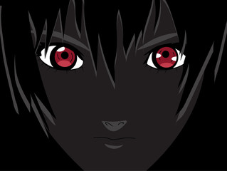 Anime eyes. Red eyes on black background. Anime face from cartoon. Vector illustration - 158557722
