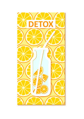 Silhouette of a bottle with a straw, citrus orange fruit. Vector card llustration.