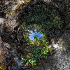 Spherical panorama Tree of life spiral made of water and stones
