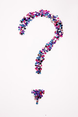 Rhinestone fashion background. Question mark. Sewing decor, people suspense and interview, abstract holiday backdrop.
