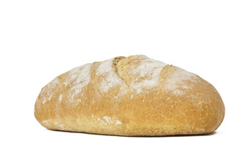 Whole loaf of bread on a white background. Soft shadow under bread.
