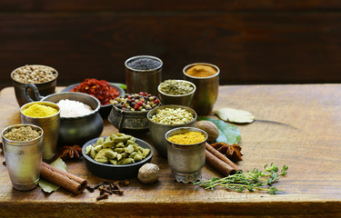 Various spices (pepper, fennel, turmeric, anise, cinnamon)