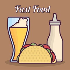 taco, beer and sauce bottle icon over brown background colorful design vector illustration