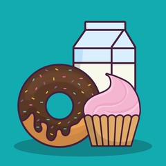 cupcake, donut and milk box icon over turquoise background colorful design vector illustration